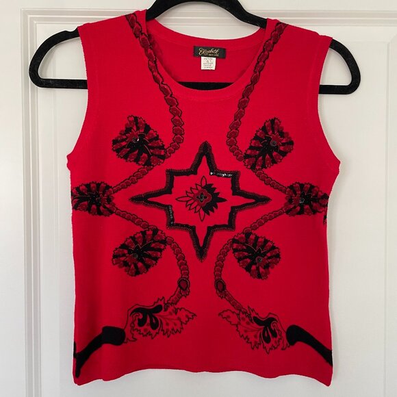 Elizabeth New York Sweaters - Vintage Elizabeth New York Red Beaded Sweater, Petite Small, Black Bead Applique